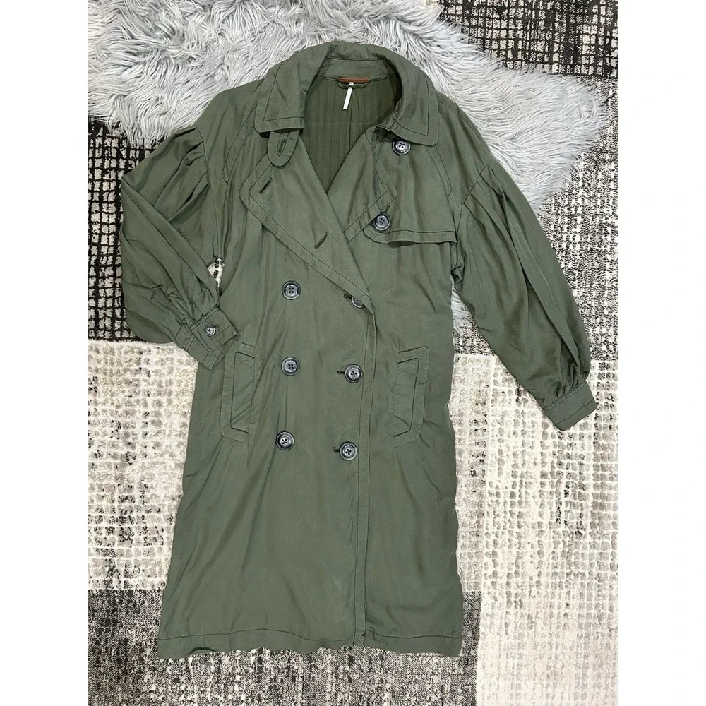 Free People Trench Coat Balloon Sleeve Double Breasted Belted Army Green Size S*